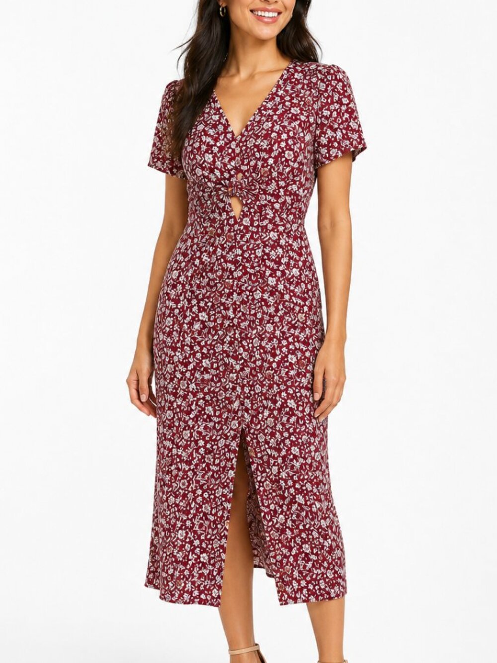 Abercrombie & Fitch Red Floral Tie-Front Midi Dress Cutout Pockets XST